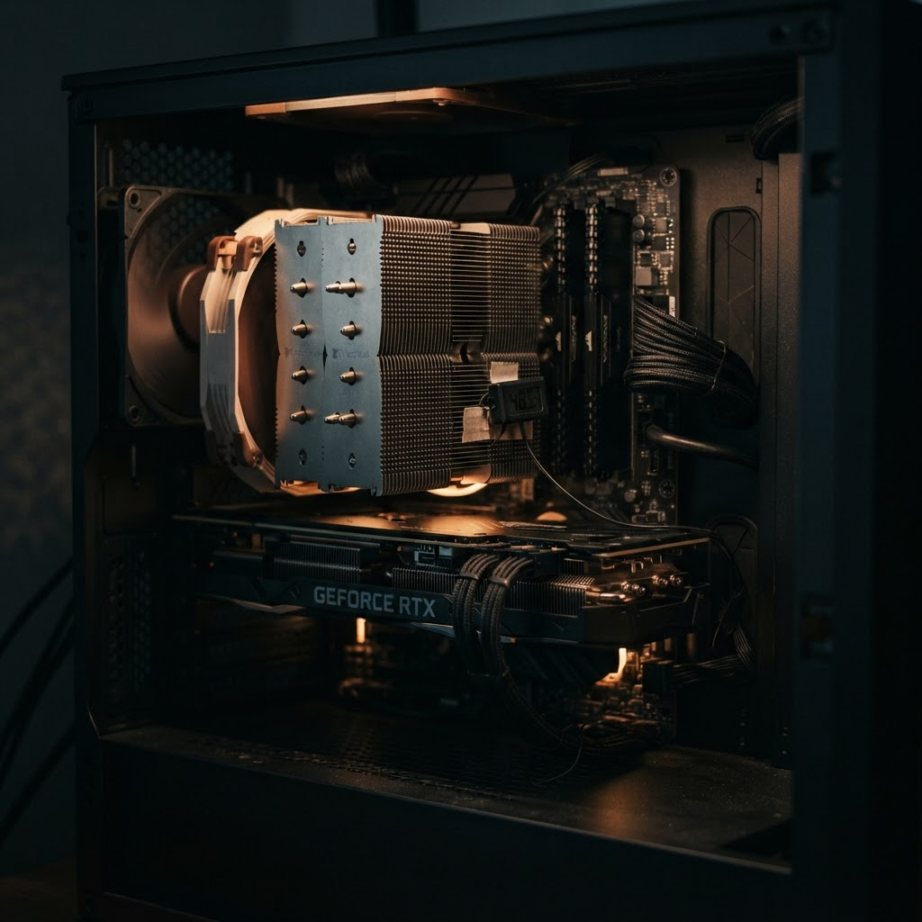 Close-up of an open PC case interior with a thermal probe placed near the CPU heatsink